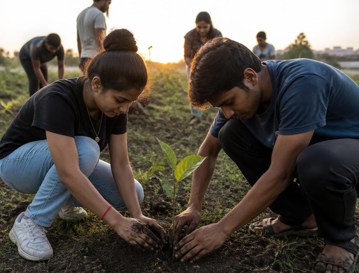 Young volunteers planting a sapling together at sunset