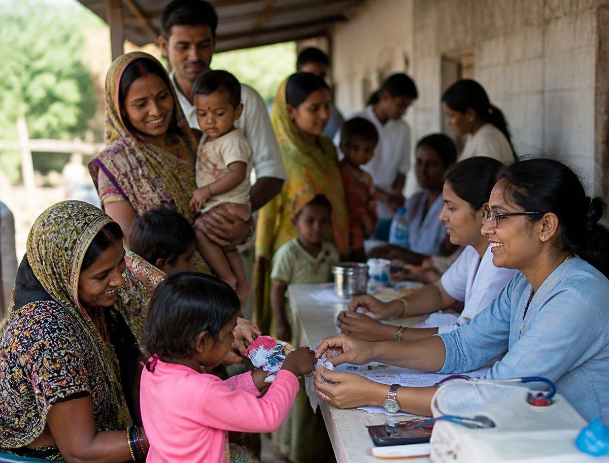 Volunteers welcoming families at a community health and nutrition camp